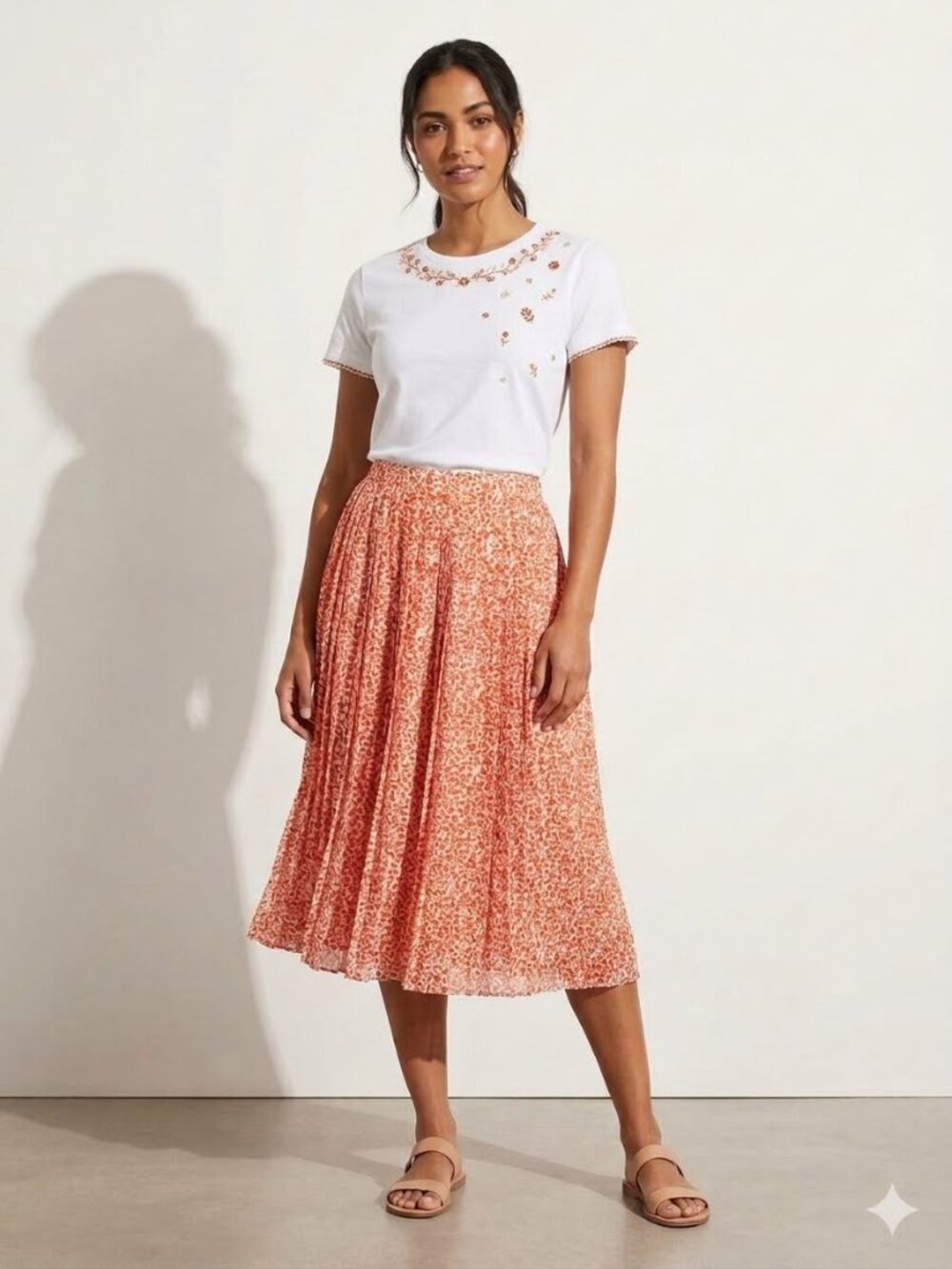 J Crew orange floral pleated midi skirt, size 4